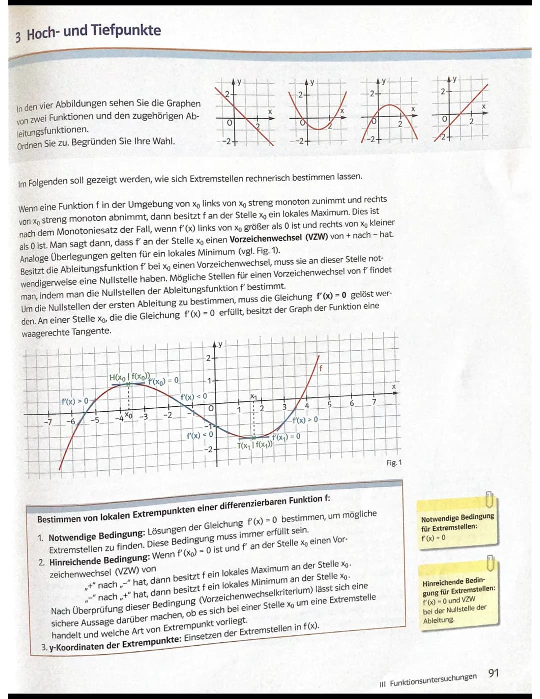 # 3 Hoch- und Tiefpunkte
In den vier Abbildungen sehen Sie die Graphen von zwei Funktionen und den zugehörigen Ab- leitungsfunktionen. Ordn