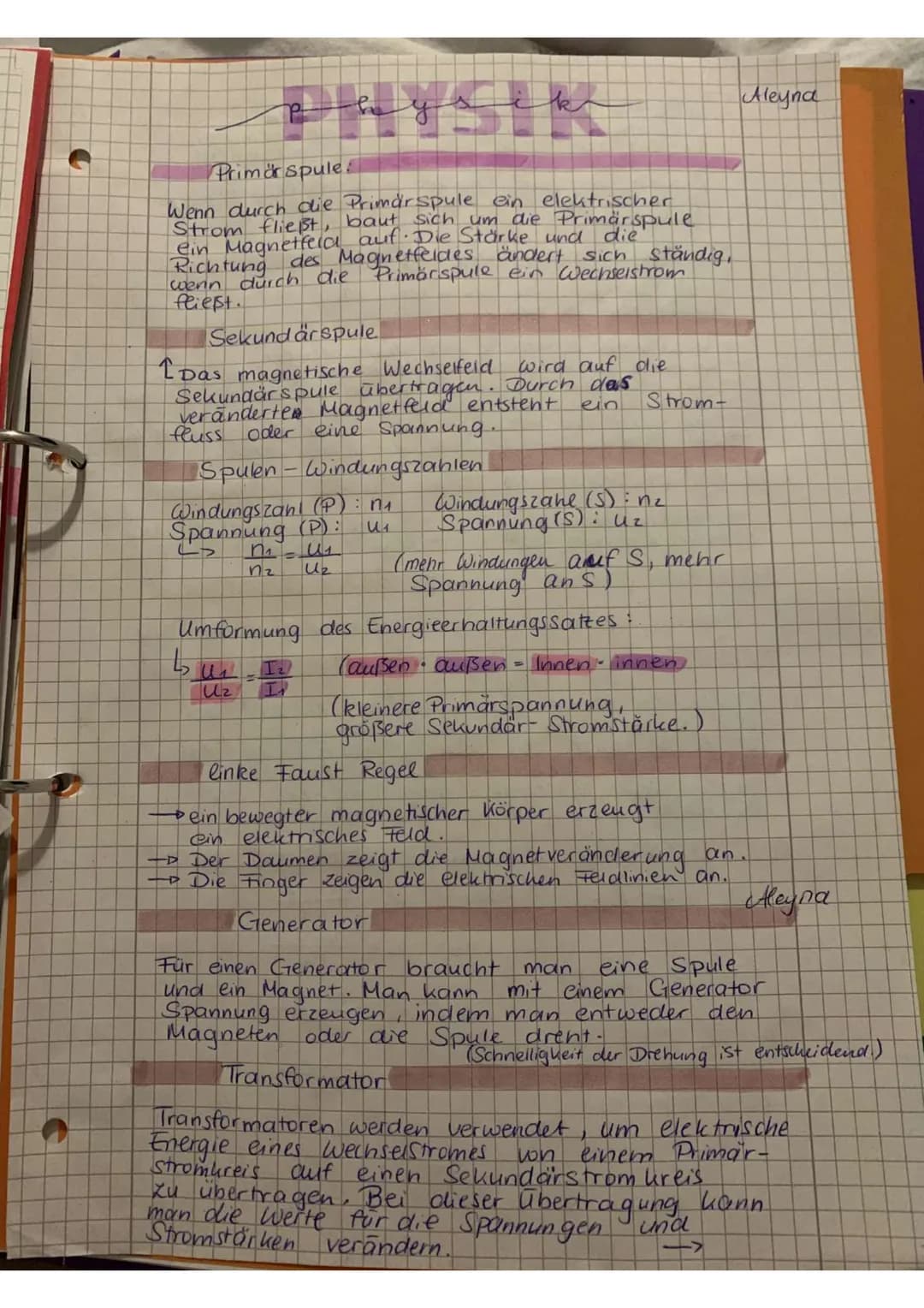 ## Physik
Aleyna
## Primärspule
Wenn durch die Primärspule ein elektrischer Strom fließt, baut sich um die Primärspule ein Magnetfeld auf.