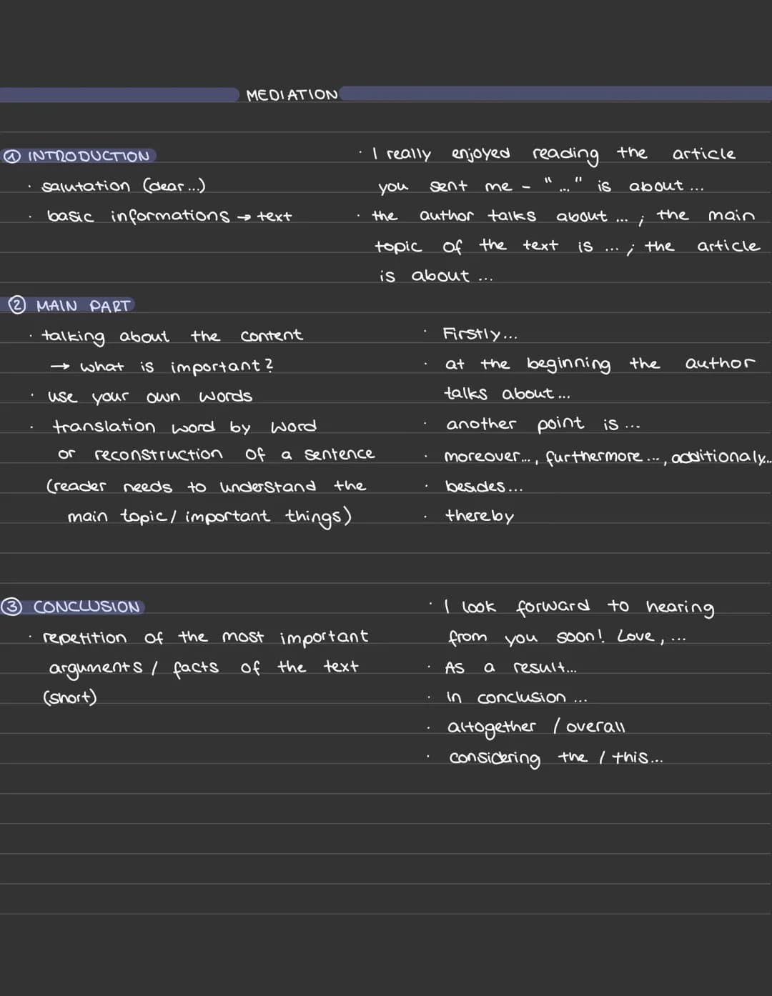 # MEDIATION
## ① INTRODUCTION
- salutation (dear...)
- basic informations $\rightarrow$ text
- I really enjoyed reading the article
- you s