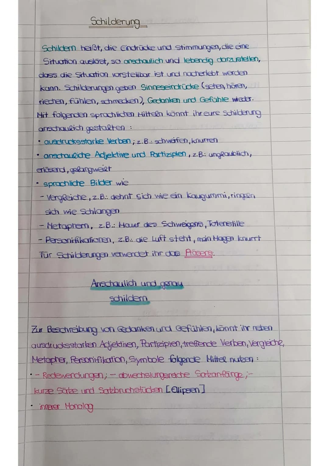 # Schilderung
Schildern heißt, die Eindrücke und Stimmungen, die eine Situation auslöst, so anschaulich und lebendig darzustellen, dass die