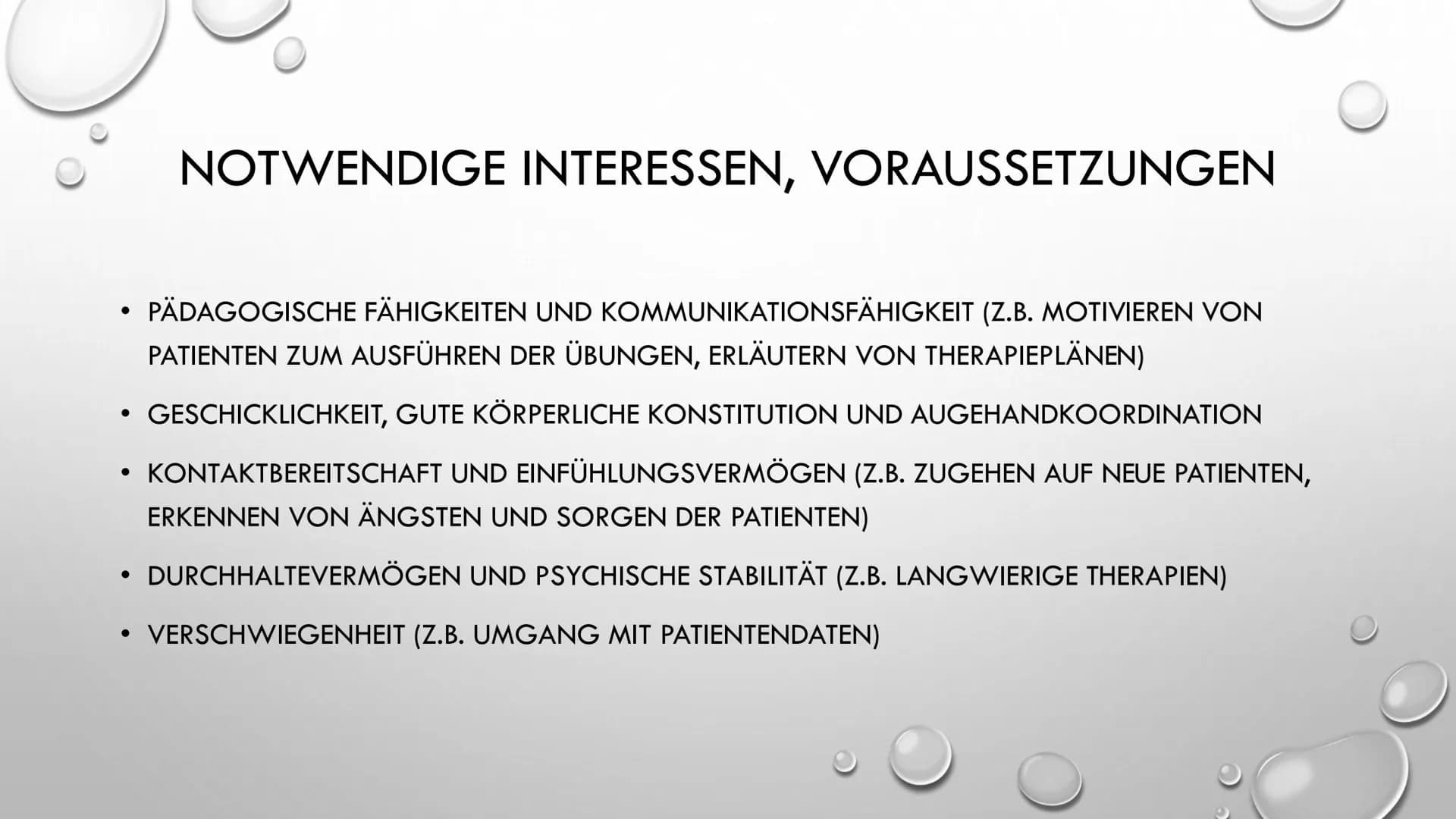 PHYSIOTHERAPEUT/IN # GLIEDERUNG
- I. NOTWENDIGE INTERESSEN, VORAUSSETZUNGEN
- II. WIE WERDE ICH PHYSIOTHERAPEUT?
- III. SPÄTERE ARBEITSMÖGL