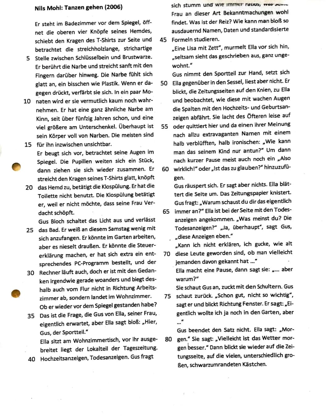 # Nils Mohl: Tanzen gehen (2006)
Er steht im Badezimmer vor dem Spiegel, öff- sich stumm und wie immer ratlos, was seine Frau an dieser Art