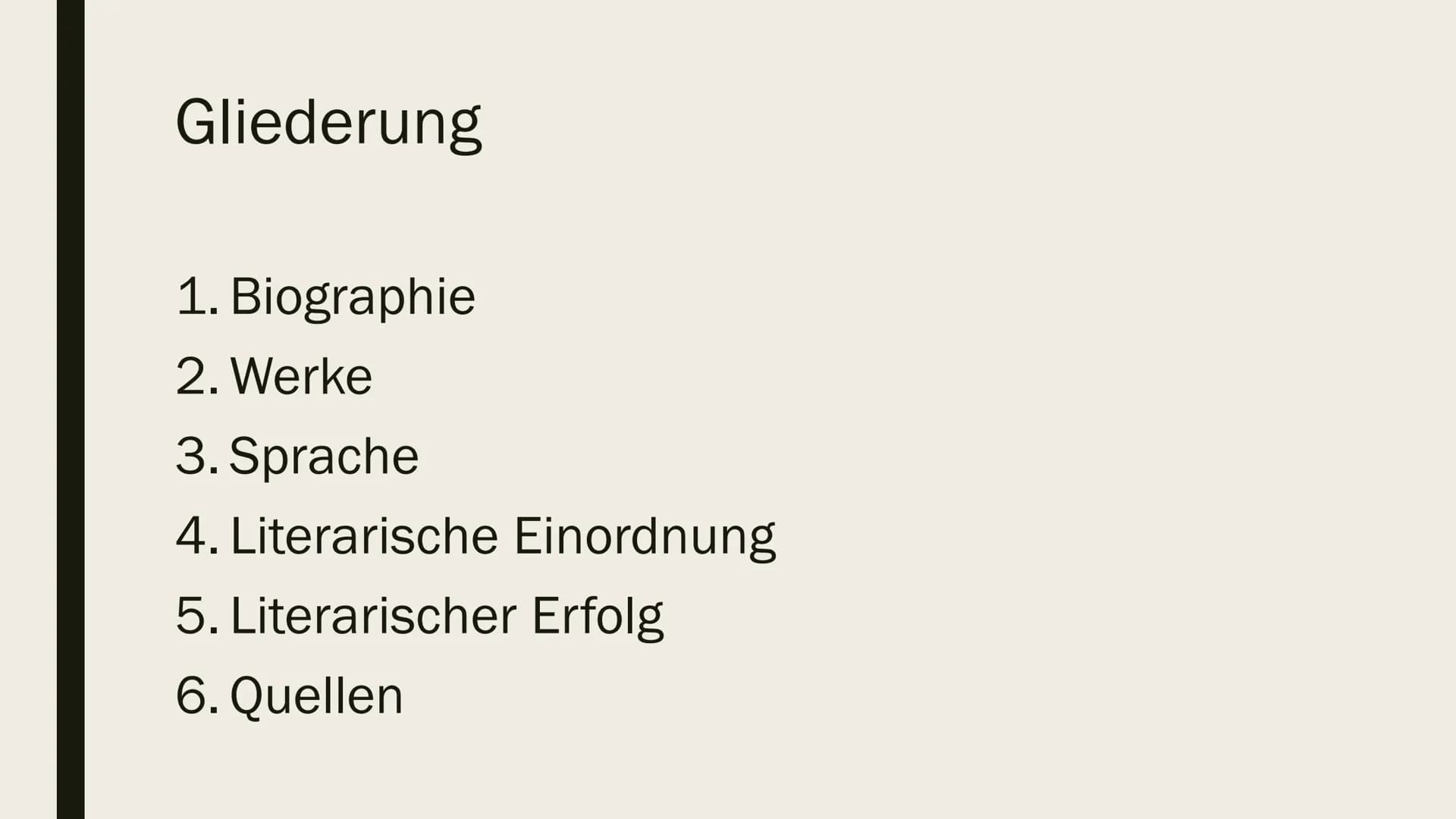 KLEIST # Gliederung
1. Biographie
2. Werke
3. Sprache
4. Literarische Einordnung
5. Literarischer Erfolg
6. Quellen # Biographie
*18. Oktob