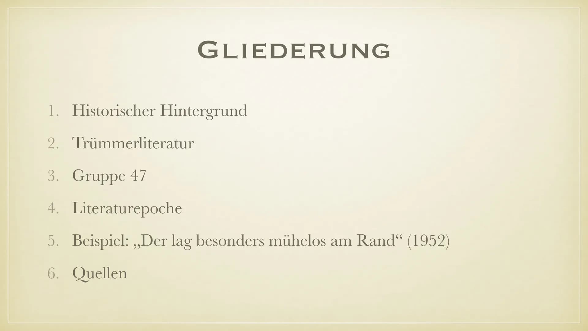 # Die Literatur in der BRD (1945-1989)
## Historischer Einblick:
- : Ende des Zweiten Weltkrieges mit der bedingungslosen Kapitulation Deut