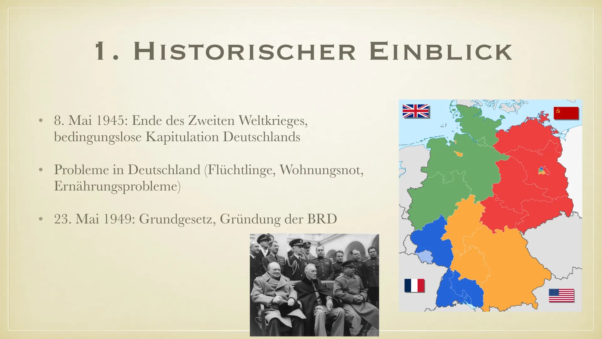 # Die Literatur in der BRD (1945-1989)
## Historischer Einblick:
- : Ende des Zweiten Weltkrieges mit der bedingungslosen Kapitulation Deut