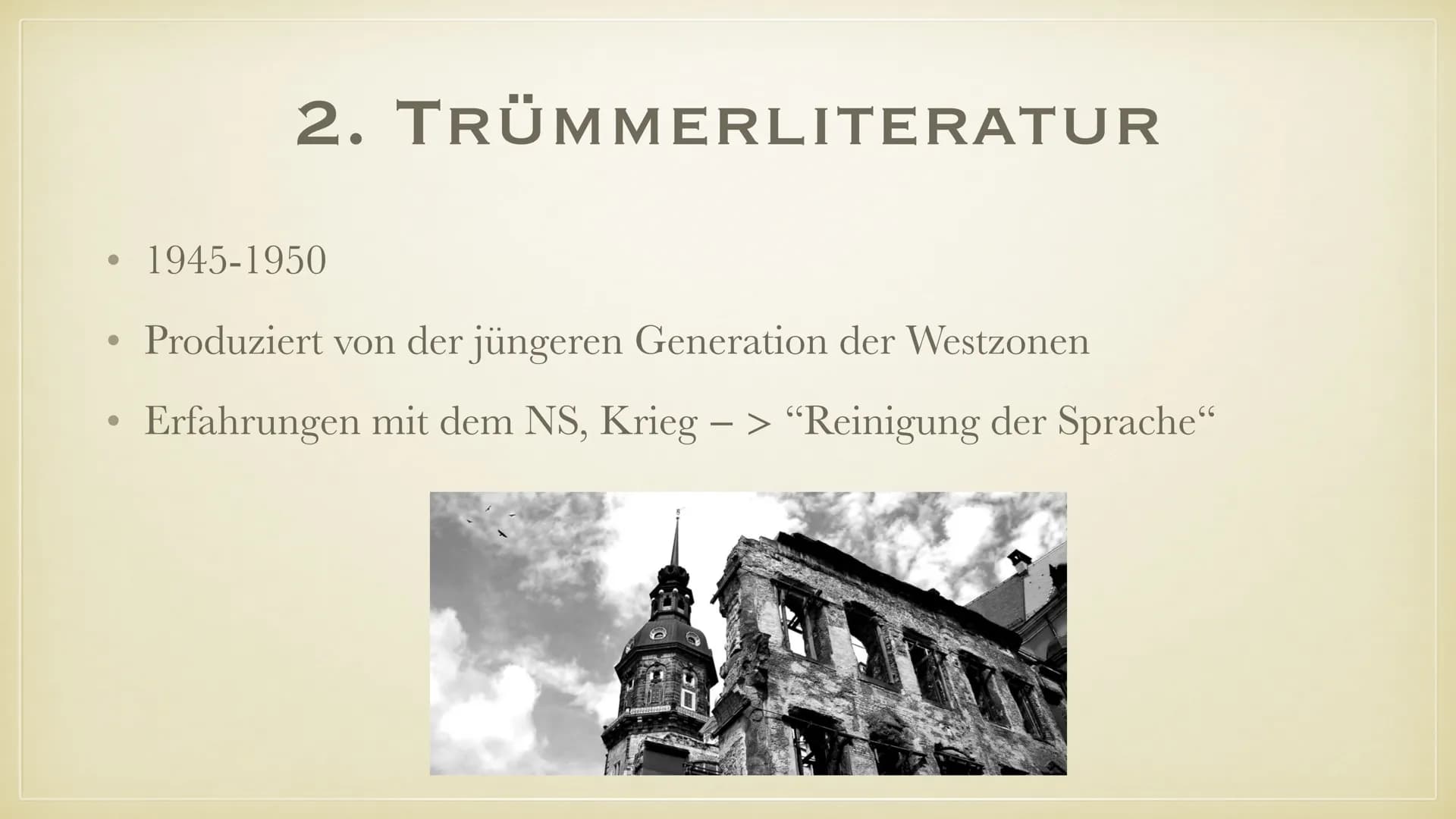 # Die Literatur in der BRD (1945-1989)
## Historischer Einblick:
- : Ende des Zweiten Weltkrieges mit der bedingungslosen Kapitulation Deut