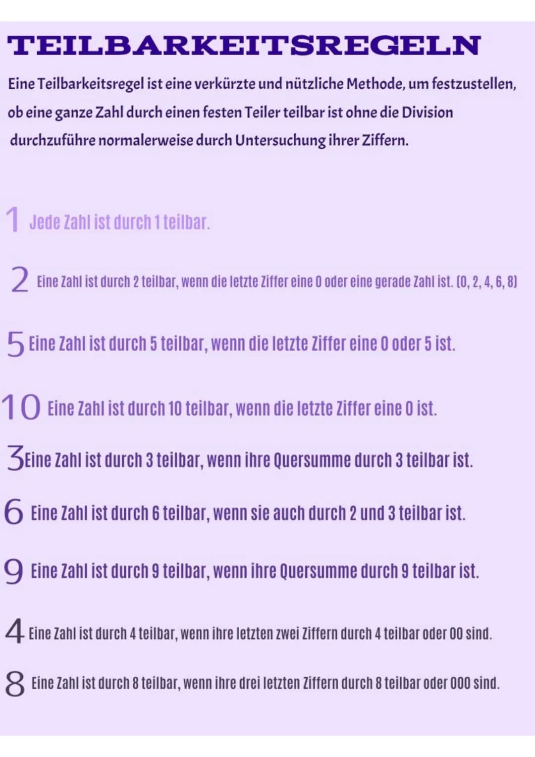 # TEILBARKEITSREGELN
Eine Teilbarkeitsregel ist eine verkürzte und nützliche Methode, um festzustellen, ob eine ganze Zahl durch einen feste
