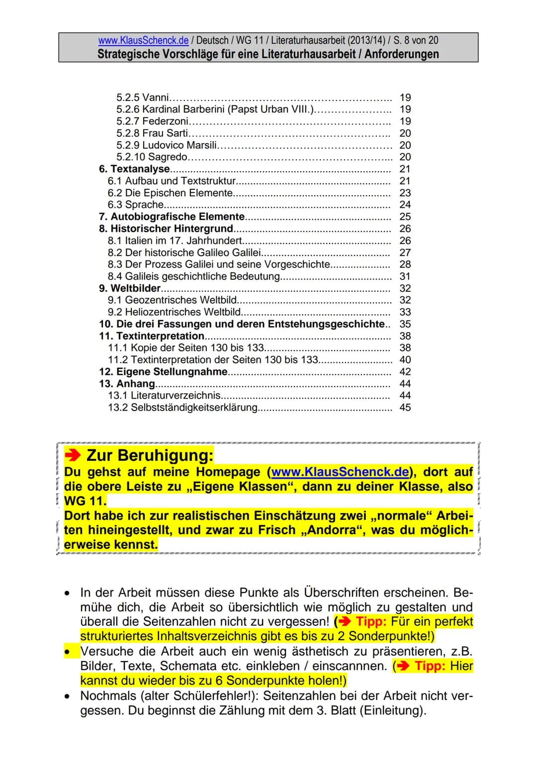 www.KlausSchenck.de / Deutsch / WG 11/Literaturhausarbeit (2013/14) / S. 1 von 20
Strategische Vorschläge für eine Literaturhausarbeit / Anf