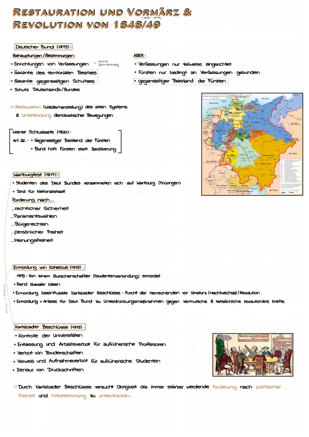 # RESTAURATION UND VORMÄRZ & REVOLUTION VON 1848/49
## Deutscher Bund (1815):
### Behauptunoen/Bestimmungen:
- Einrichtungen von Verfassun