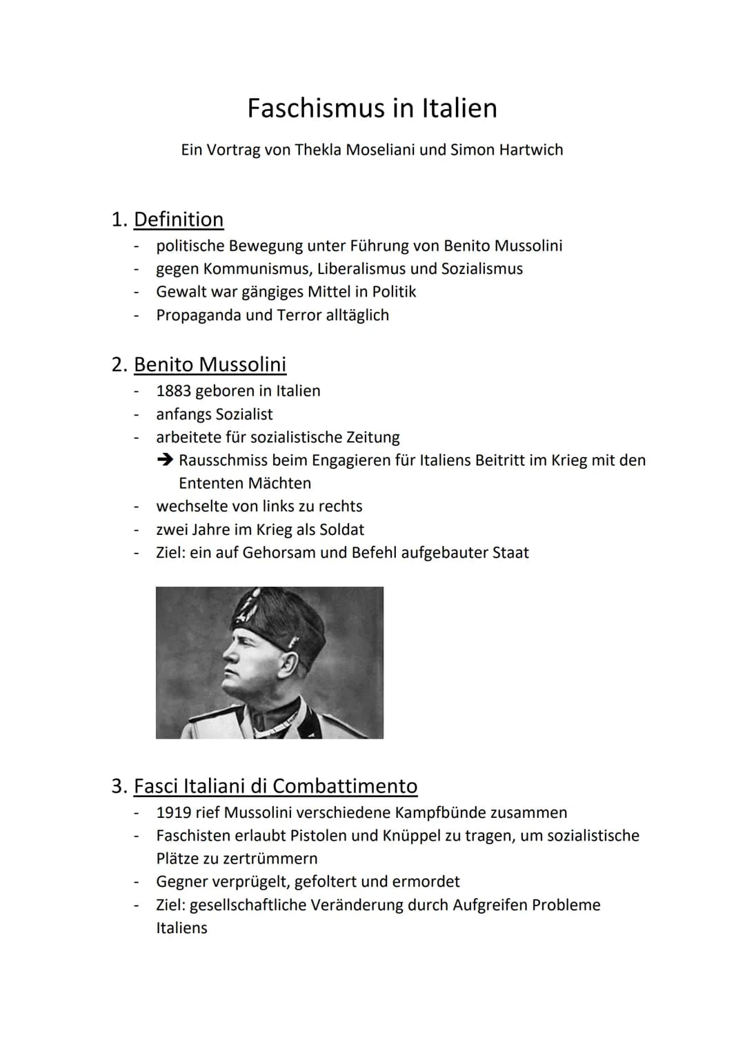 # Faschismus in Italien
Ein Vortrag von Thekla Moseliani und Simon Hartwich
## 1. Definition
- politische Bewegung unter Führung von Benito