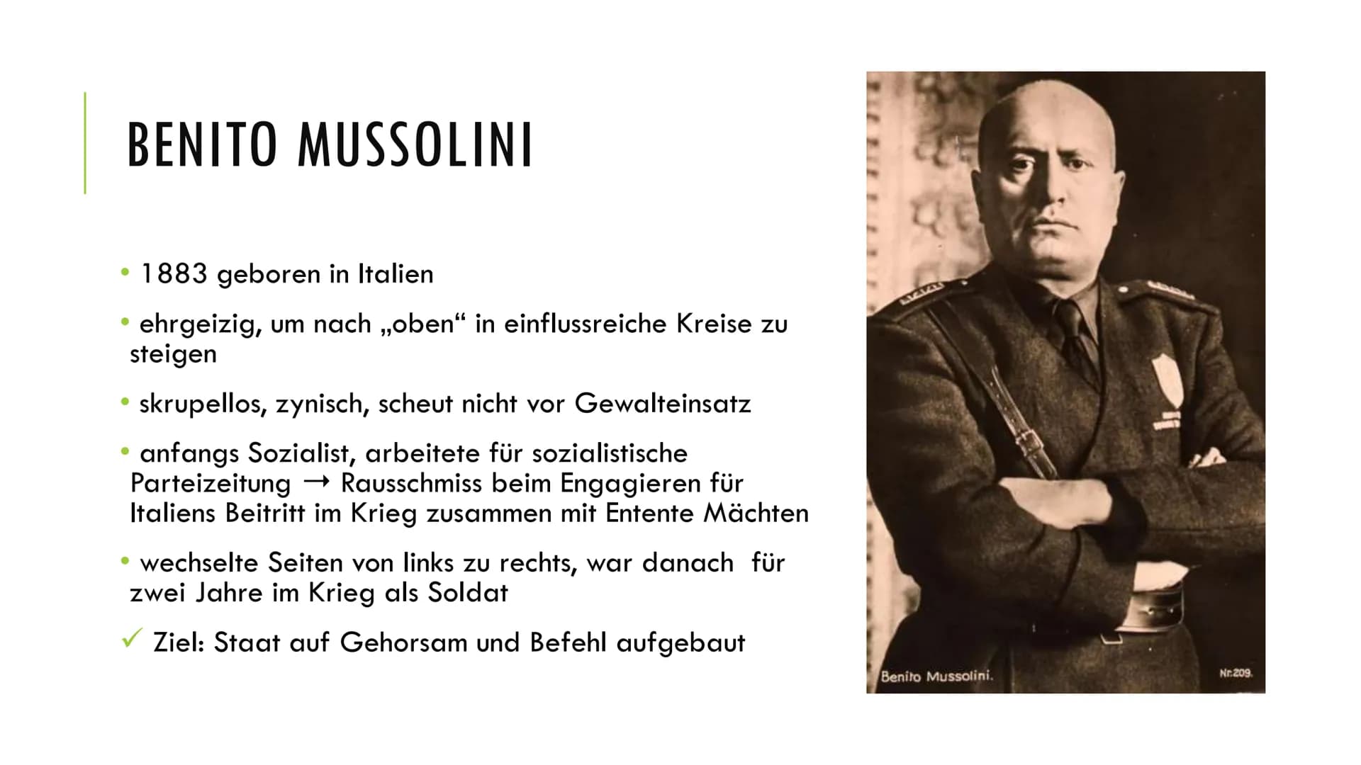 # Faschismus in Italien
Ein Vortrag von Thekla Moseliani und Simon Hartwich
## 1. Definition
- politische Bewegung unter Führung von Benito