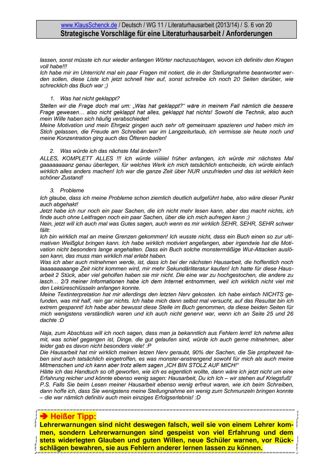 www.KlausSchenck.de / Deutsch / WG 11/Literaturhausarbeit (2013/14) / S. 1 von 20
Strategische Vorschläge für eine Literaturhausarbeit / Anf