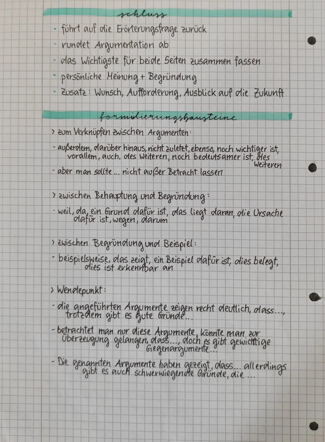 # schluss
- führt auf die Erörterungsfrage zurück
- rundet Argumentation ab
- das Wichtigste für beide Seiten zusammen fassen
- persönliche