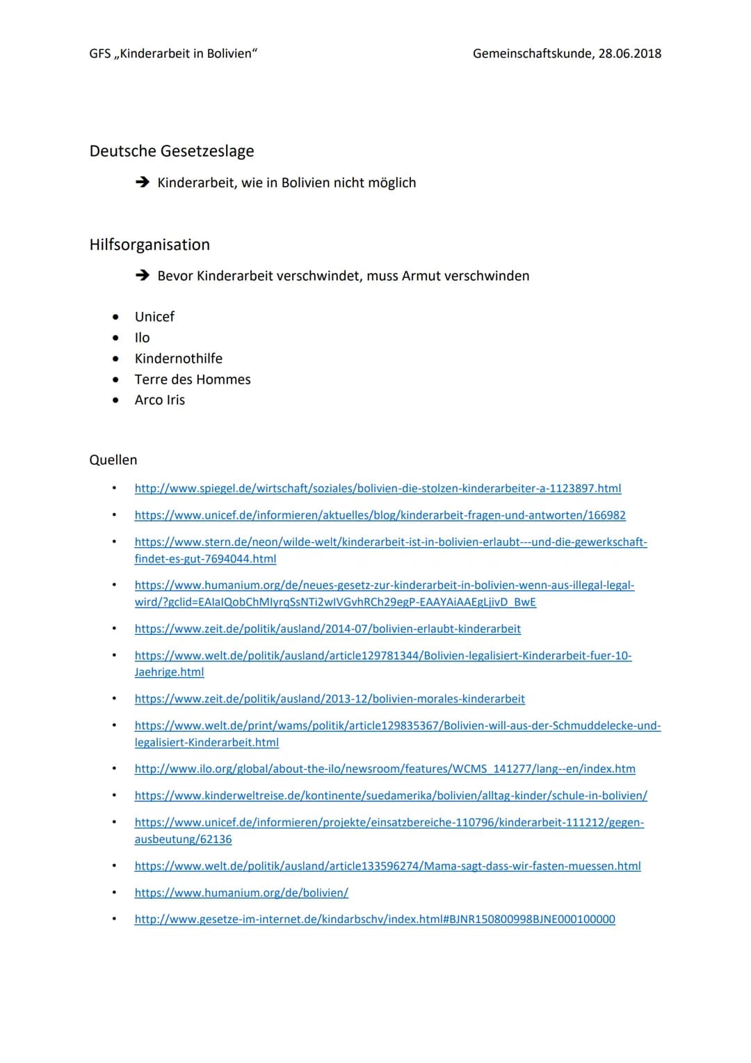 GFS „Kinderarbeit in Bolivien“ Gemeinschaftskunde, 28.06.2018
# Kinderarbeit in Bolivien
## Definition von Kinderarbeit
* Körperlichen un