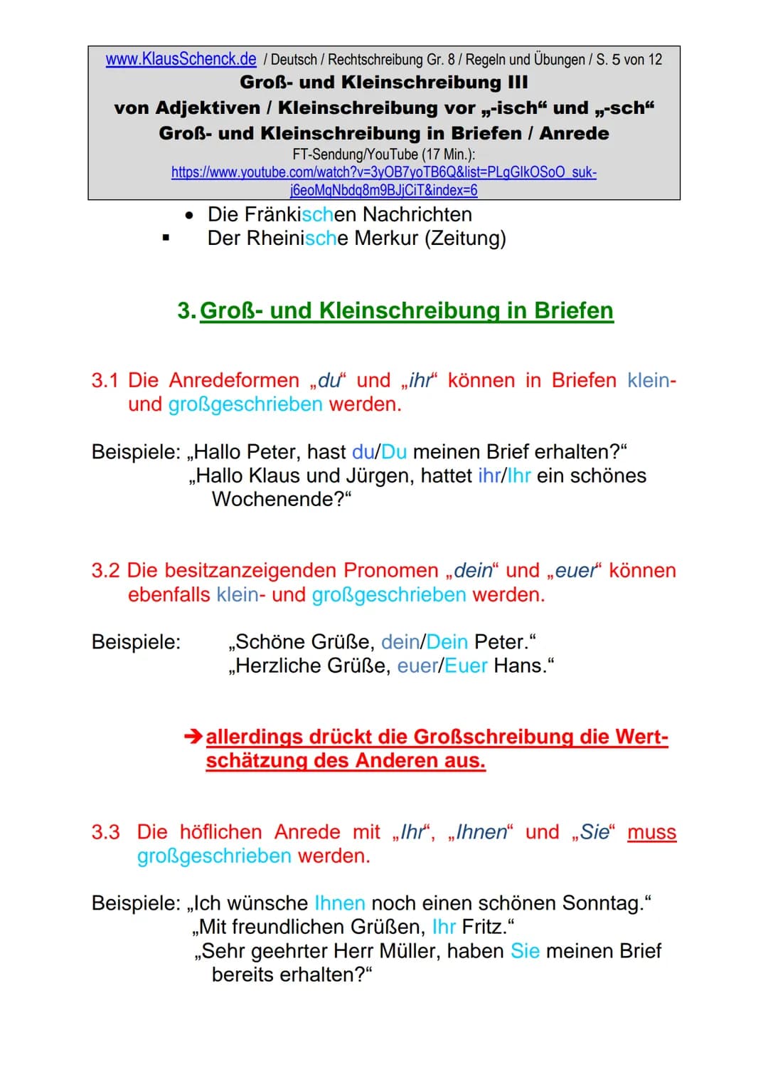 www.KlausSchenck.de / Deutsch / Rechtschreibung Gr. 8/ Regeln und Übungen / S. 1 von 12
# Groß- und Kleinschreibung III
von Adjektiven / Kle