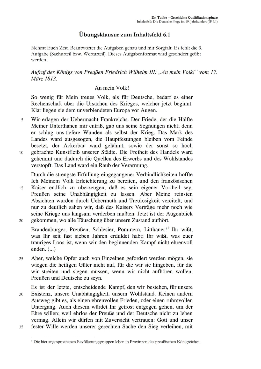 Dr. Taube–Geschichte Qualifikationsphase
Inhaltsfeld: Die Deutsche Frage im 19. Jahrhundert (IF 6.1)
# Übungsklausur zum Inhaltsfeld 6.1
N