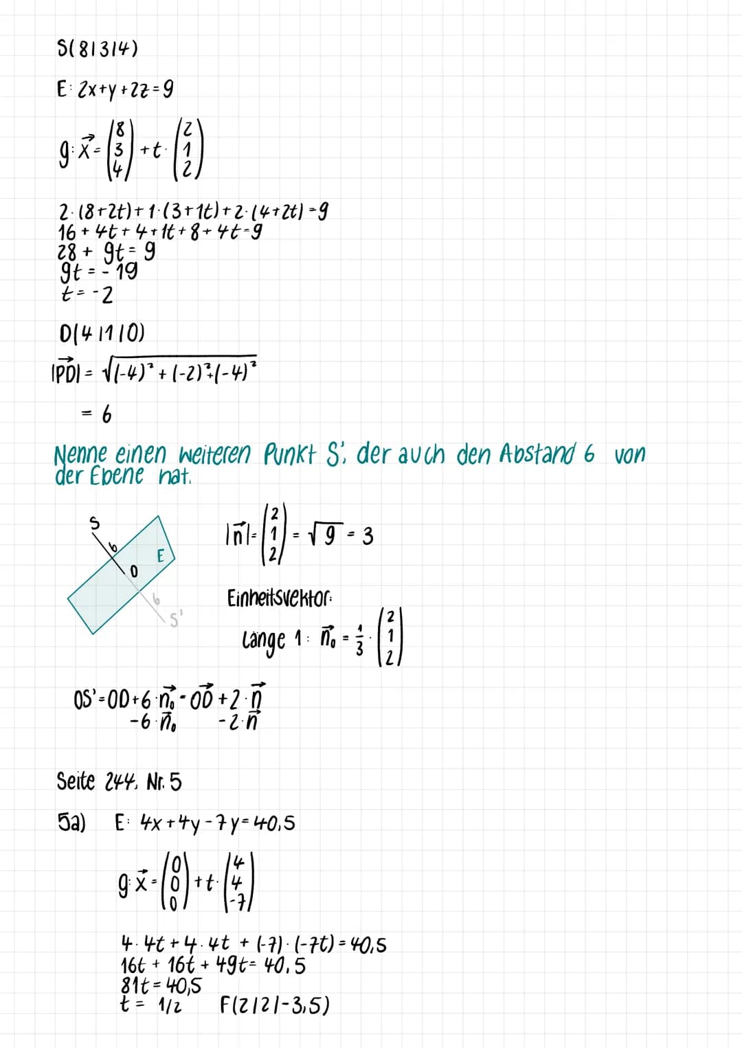 P(41415)
E: x+y+2z=6
$g: \vec{x} = \begin{pmatrix} 4 \\ -4 \end{pmatrix} + t \begin{pmatrix} 1 \\ 2 \end{pmatrix}$
$1 \cdot (4+t) + 1 \cdot
