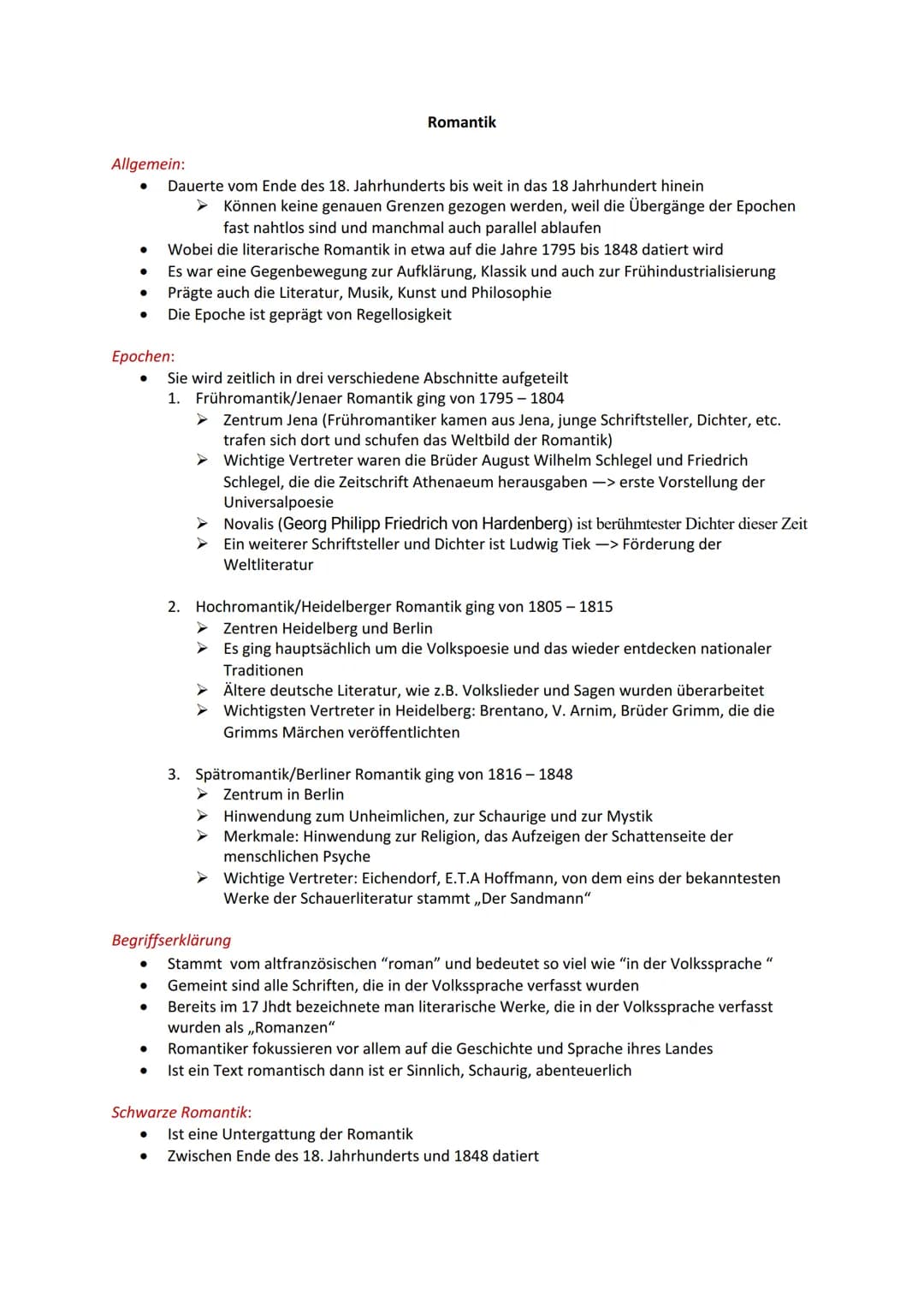 # Handout Romantik
## Allgemeines zur Literaturepoche:
- Ging vom Ende des 18. Jhdt. Bis weit in das 19. Jhdt. (1795-1848)
- Reaktion und *