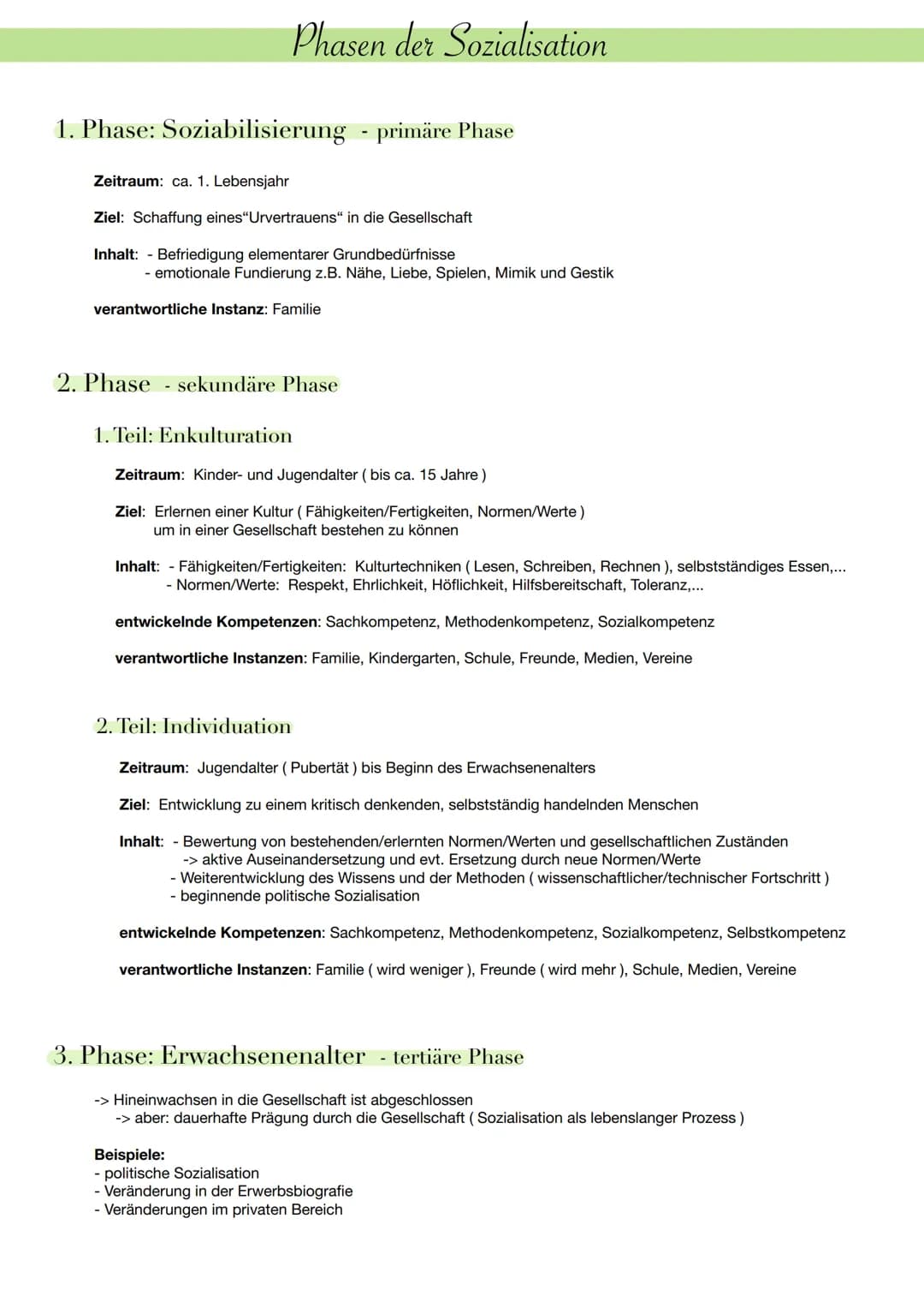 # Phasen der Sozialisation
## 1. Phase: Soziabilisierung - primäre Phase
Zeitraum: ca. 1. Lebensjahr
Ziel: Schaffung eines"Urvertrauens" i