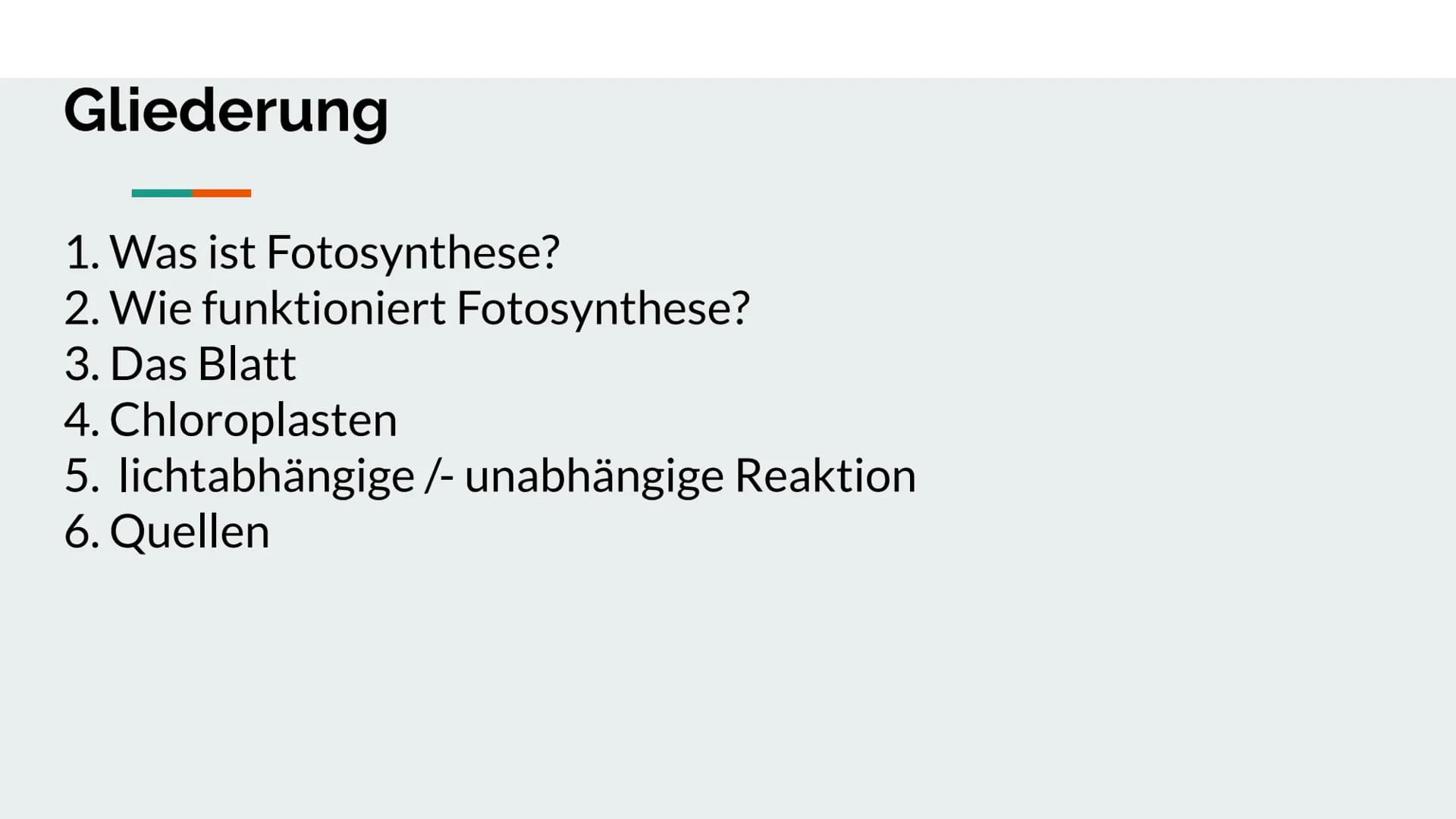 Fotosynthese
Vortrag von Darleen Noah # Gliederung
1. Was ist Fotosynthese?
2. Wie funktioniert Fotosynthese?
3. Das Blatt
4. Chloroplasten