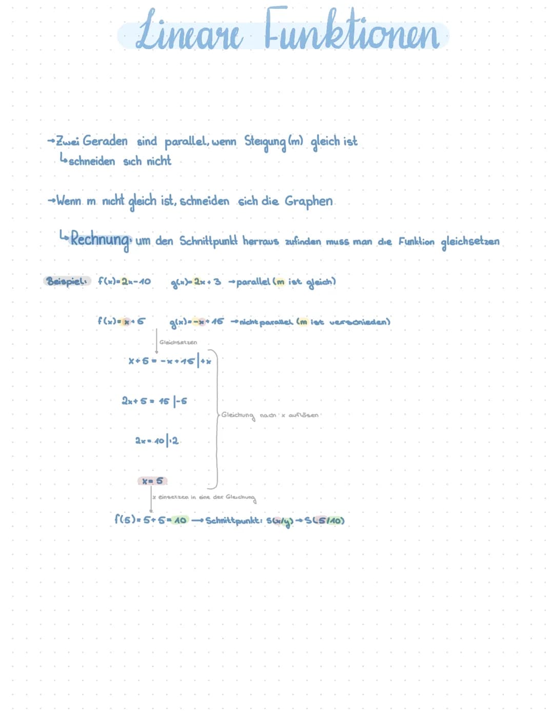 # Lineare Funktionen
* →Zwei Geraden sind parallel, wenn Steigung (m) gleich ist
* schneiden sich nicht
* →Wenn m nicht gleich i