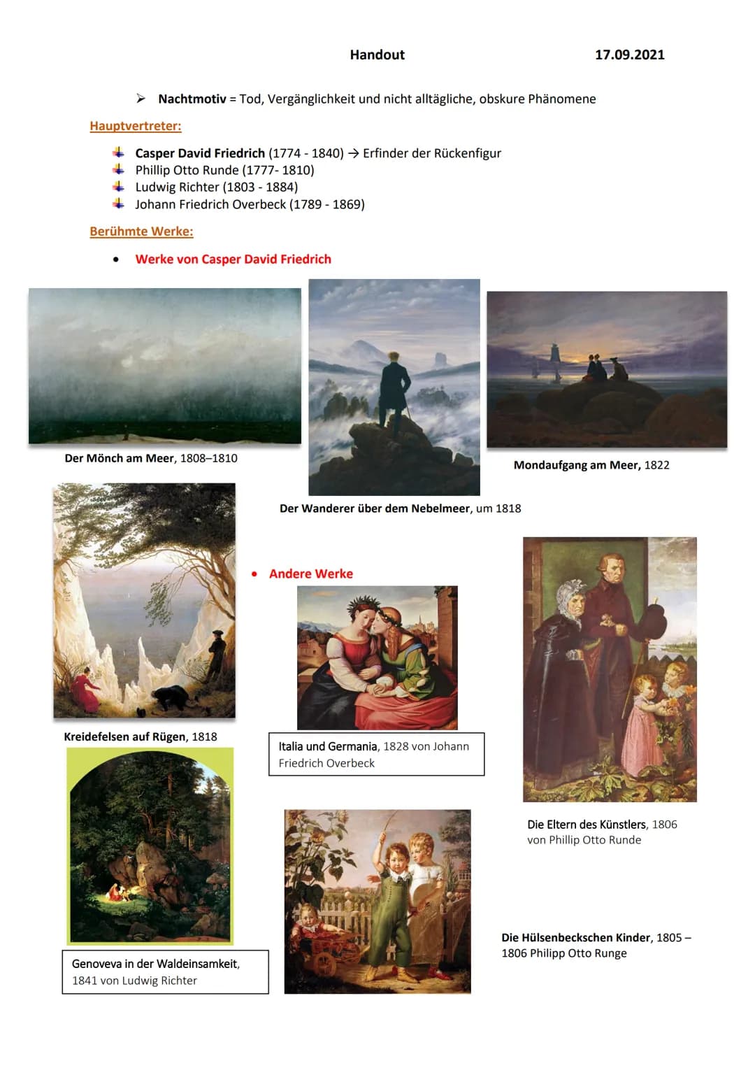 # Handout
17.09.2021
## Romantik
### Zeitliche Einordnung:
von 1780 bis 1850 (zwischen Aufklärung/ Klassizismus und Realismus)
→ Bezug zum