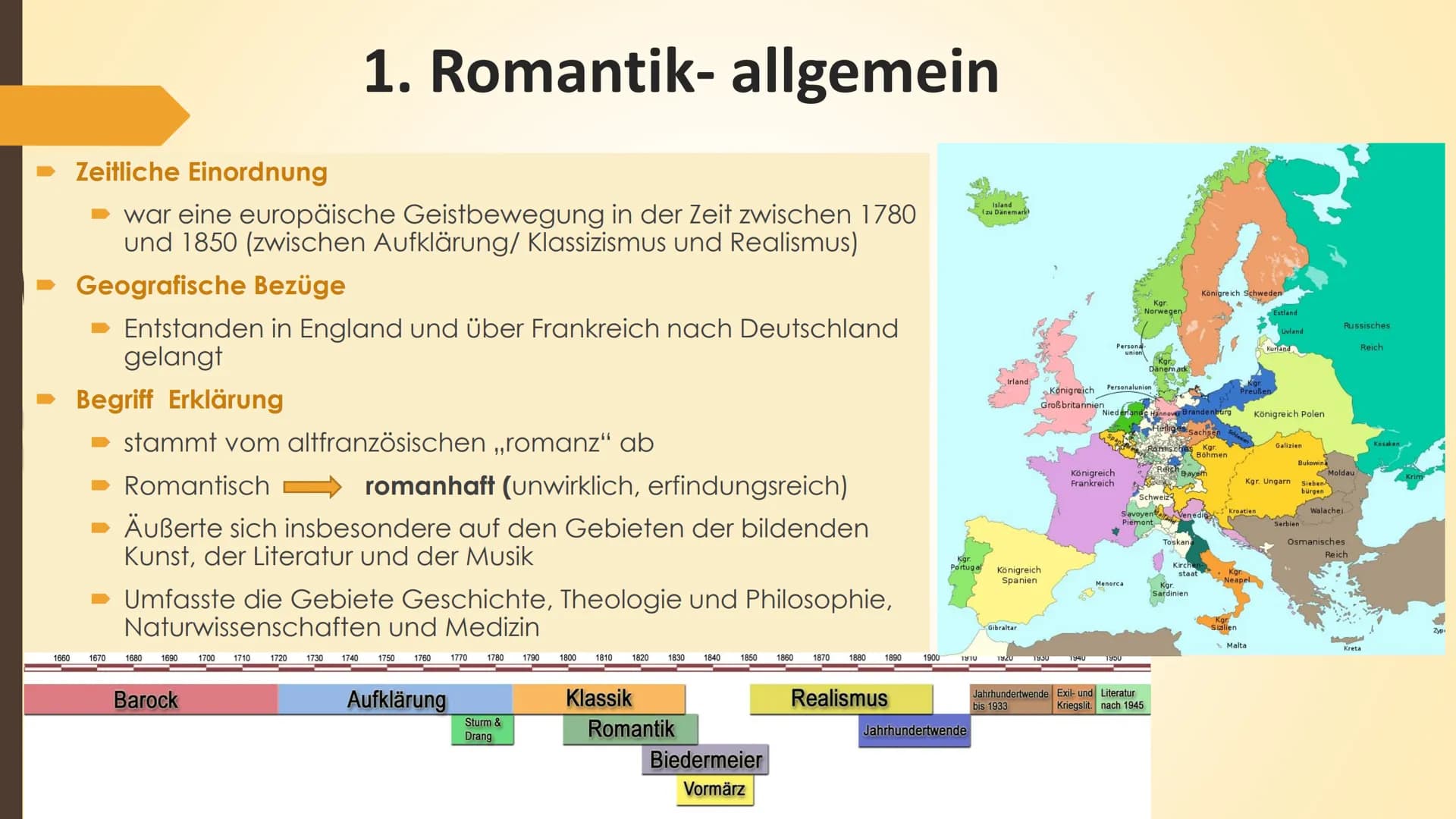 # Handout
17.09.2021
## Romantik
### Zeitliche Einordnung:
von 1780 bis 1850 (zwischen Aufklärung/ Klassizismus und Realismus)
→ Bezug zum