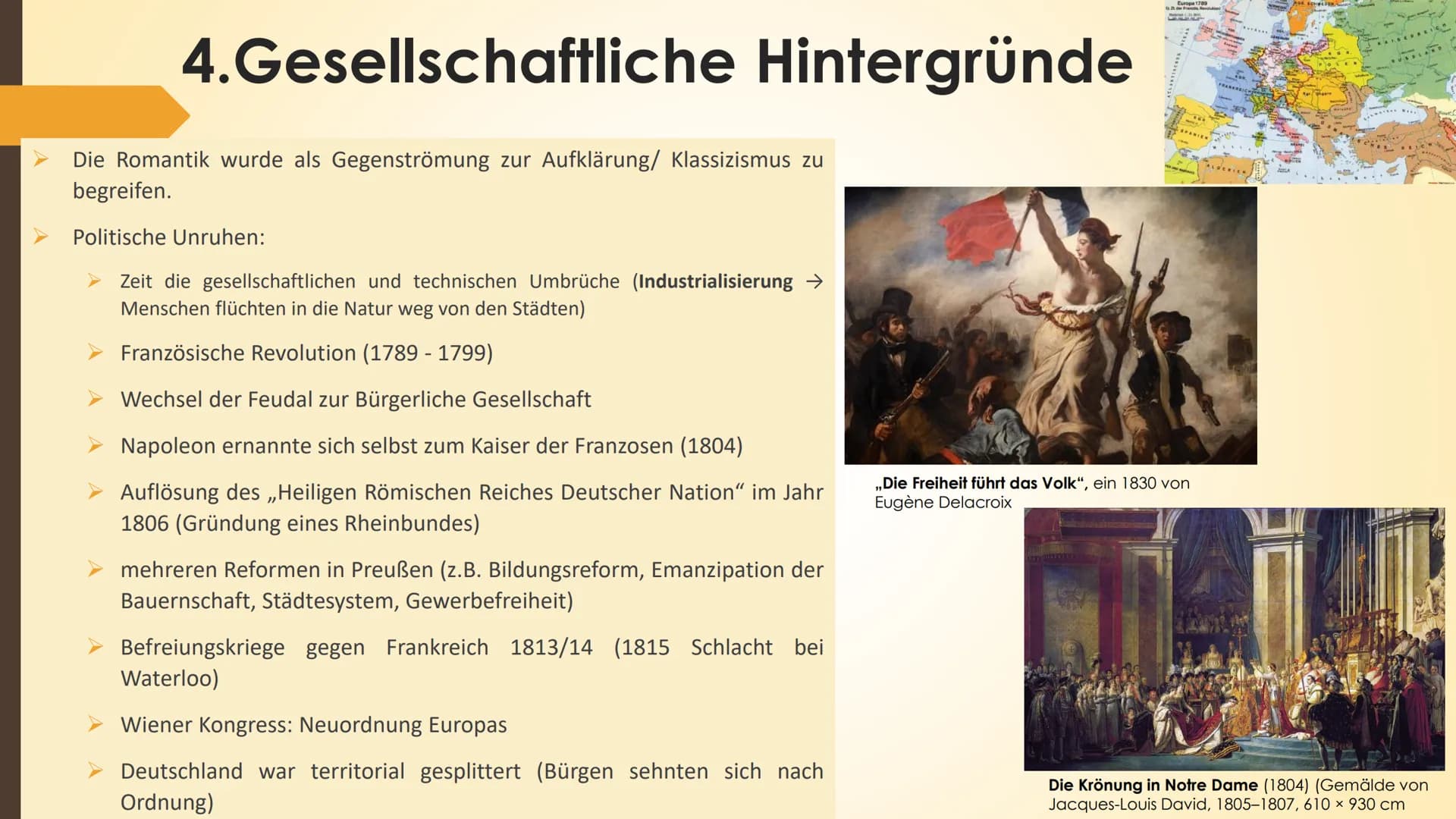 # Handout
17.09.2021
## Romantik
### Zeitliche Einordnung:
von 1780 bis 1850 (zwischen Aufklärung/ Klassizismus und Realismus)
→ Bezug zum