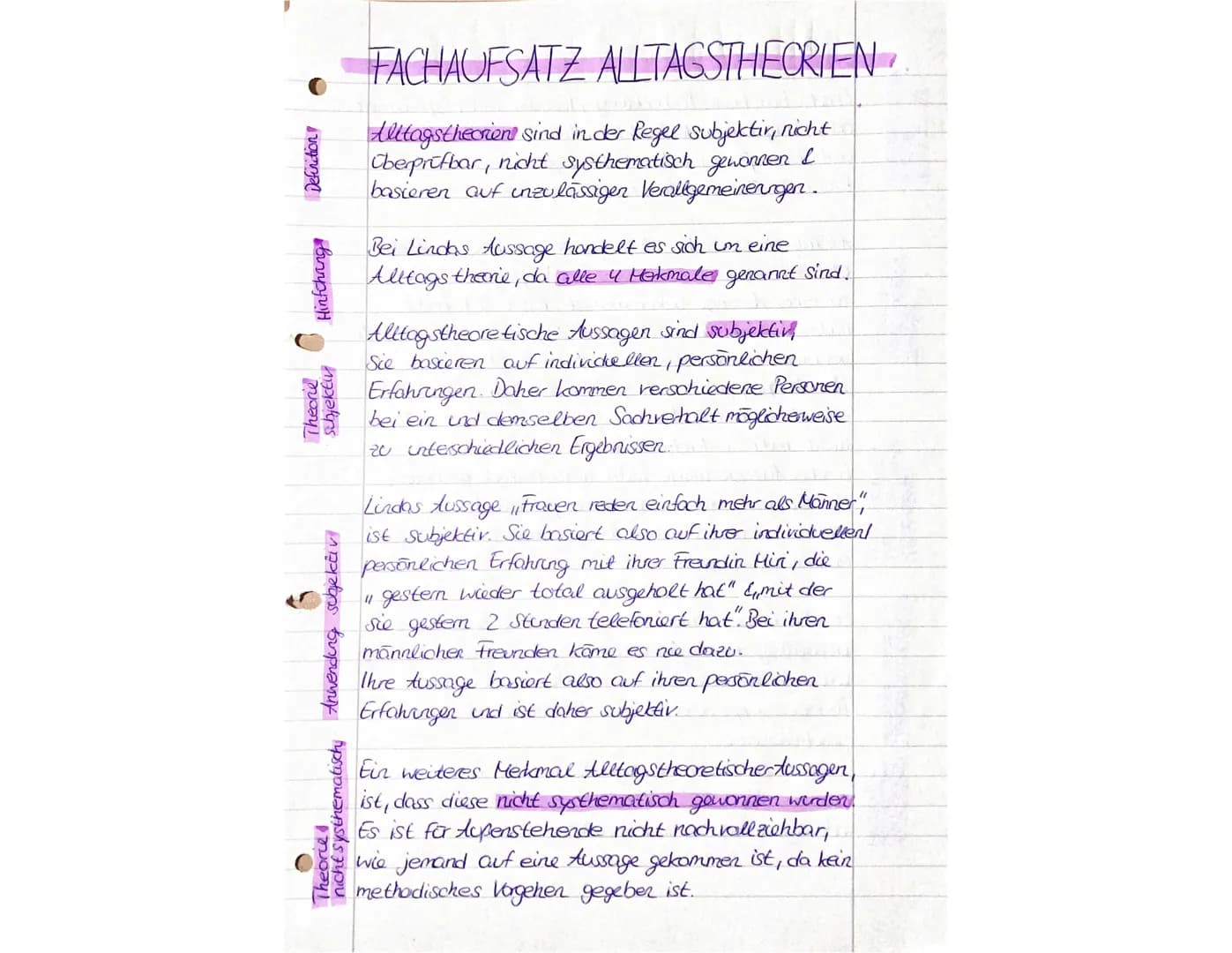 # FACHAUFSATZ ALLTAGSTHEORIEN
## Definition
Alltagstheorien sind in der Regel subjektiv, nicht überprüfbar, nicht systematisch gewonnen & b
