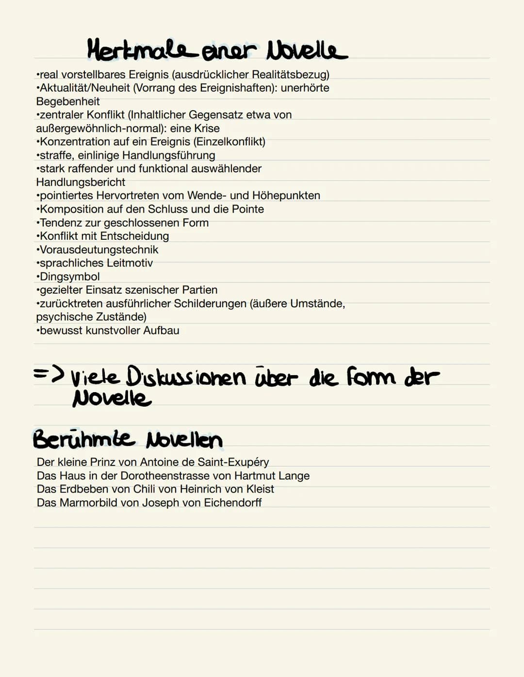 # Merkmale einer Novelle
* real vorstellbares Ereignis (ausdrücklicher Realitätsbezug)
* Aktualität/Neuheit (Vorrang des Ereignishaften): un