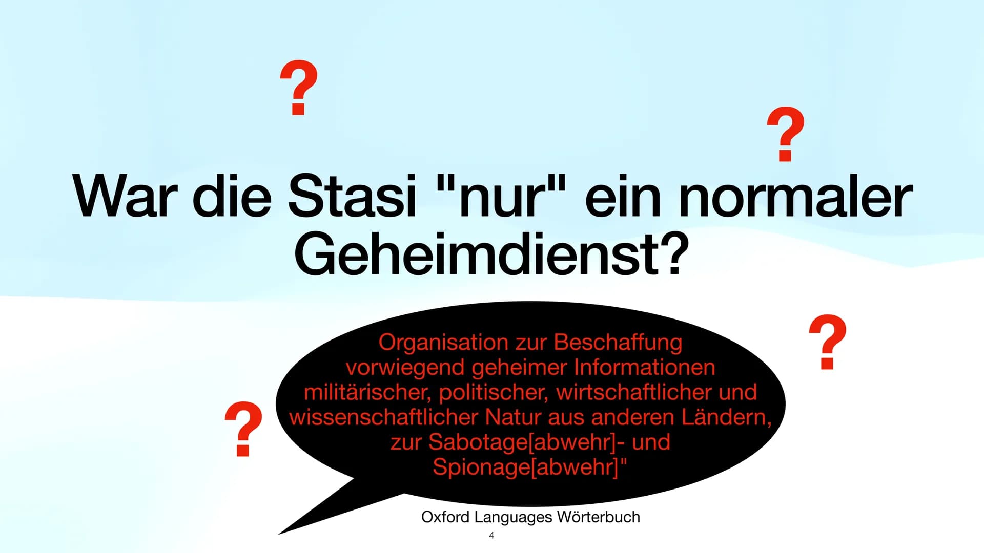 Die Stasi
WIE WEIT DARF EIN GEHEIMDIENST GEHEN?
Leni Wagner, 29.11.2022 # Gliederung
1. Was ist die Stasi?
2. Definition Geheimdienst
3. Auf
