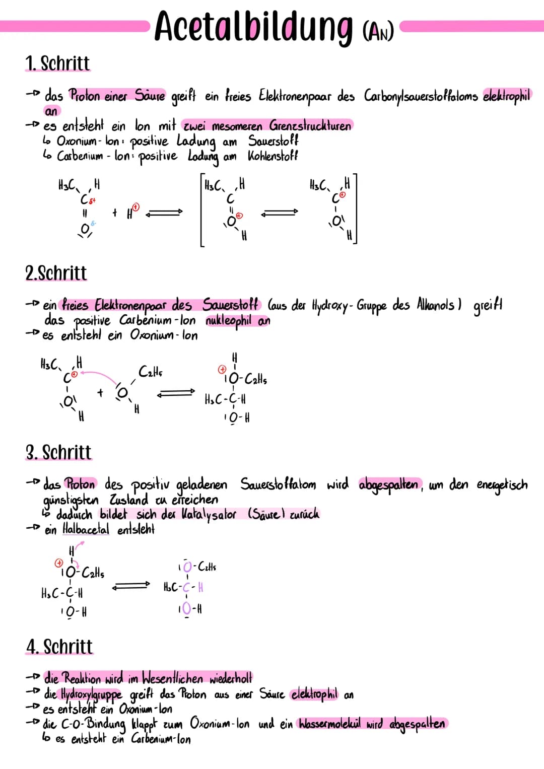 # Esterbildung
## 1. Protonierung der Säure:
- das Carbonyl-Sauerstoffatom wird protoniert, es bilden sich sofort mesomere Grenzzustände
-