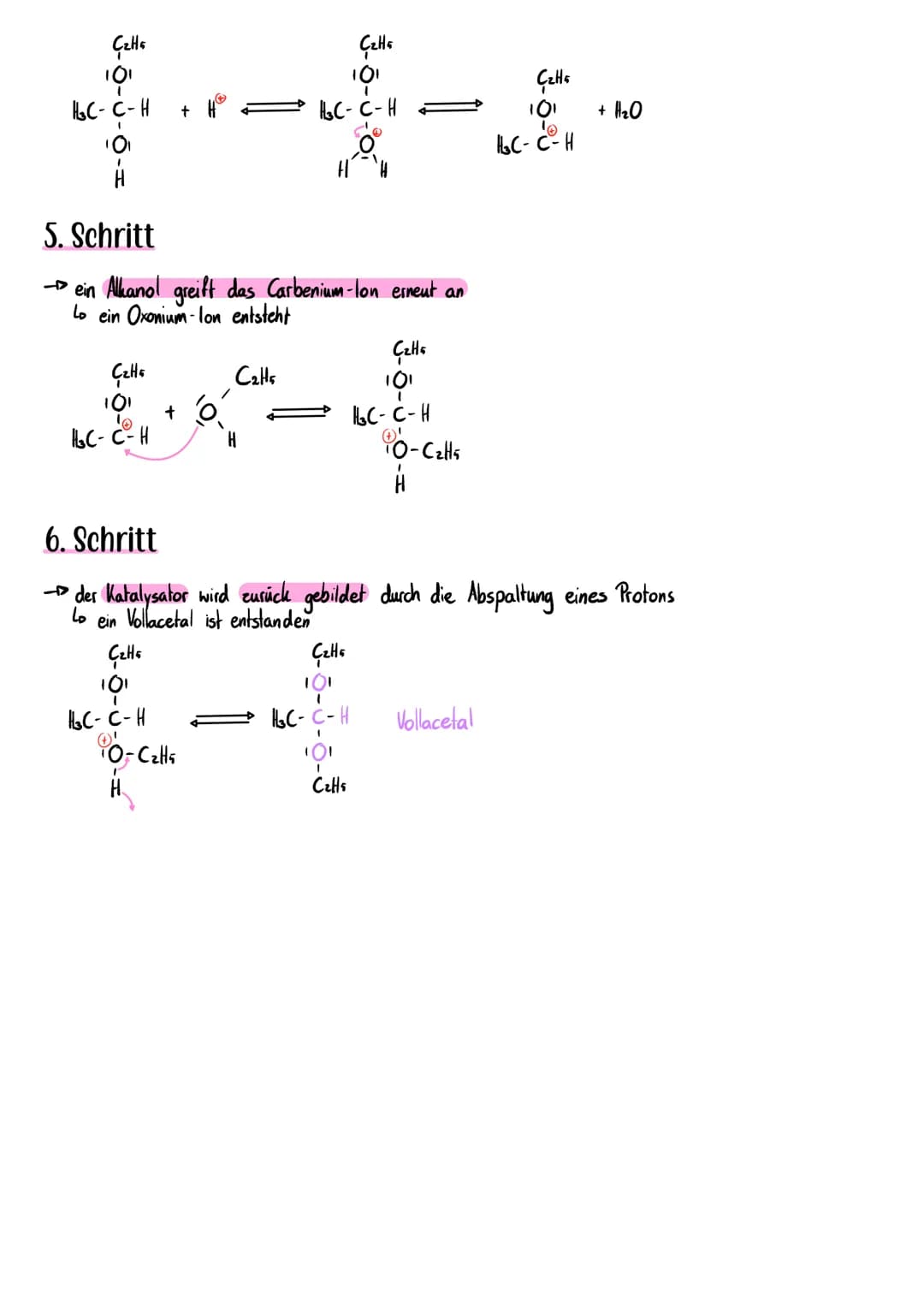 # Esterbildung
## 1. Protonierung der Säure:
- das Carbonyl-Sauerstoffatom wird protoniert, es bilden sich sofort mesomere Grenzzustände
-