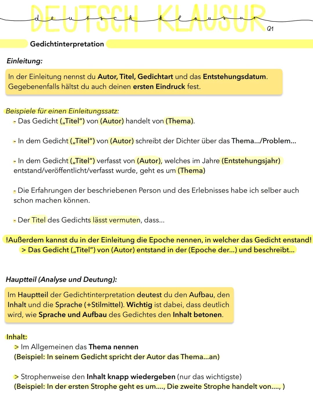 de
Q1
# Gedichtinterpretation
## Einleitung:
In der Einleitung nennst du **Autor**, **Titel**, **Gedichtart** und das Entstehungsdatum.
Geg
