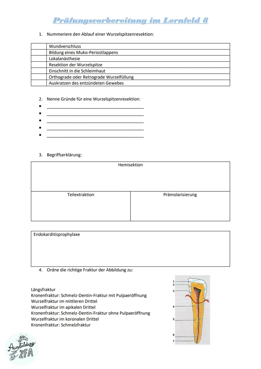 # Prüfungsvorbereitung im Lernfeld 8
## 1. Nummeriere den Ablauf einer Wurzelspitzenresektion:
7. Wundverschluss
3. Bildung eines Muko-Peri