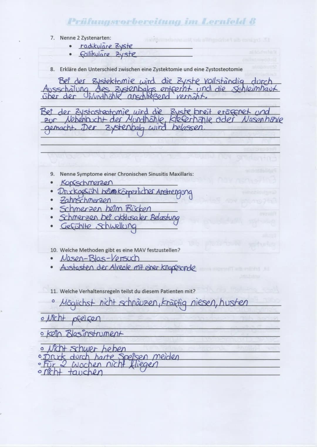 # Prüfungsvorbereitung im Lernfeld 8
## 1. Nummeriere den Ablauf einer Wurzelspitzenresektion:
7. Wundverschluss
3. Bildung eines Muko-Peri