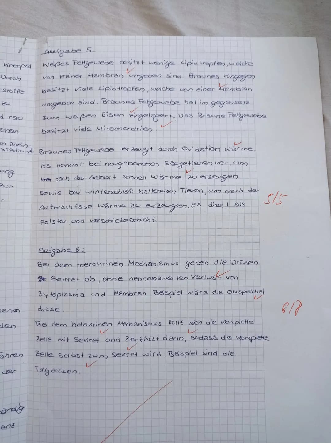 Knorpel
Durch
Aufgabe 5
Weißes Fettgewebe besitzt wenige Lipidtropfen, welche
von keiner Membran umgeben sind. Braunes hingegen
besitzt viel