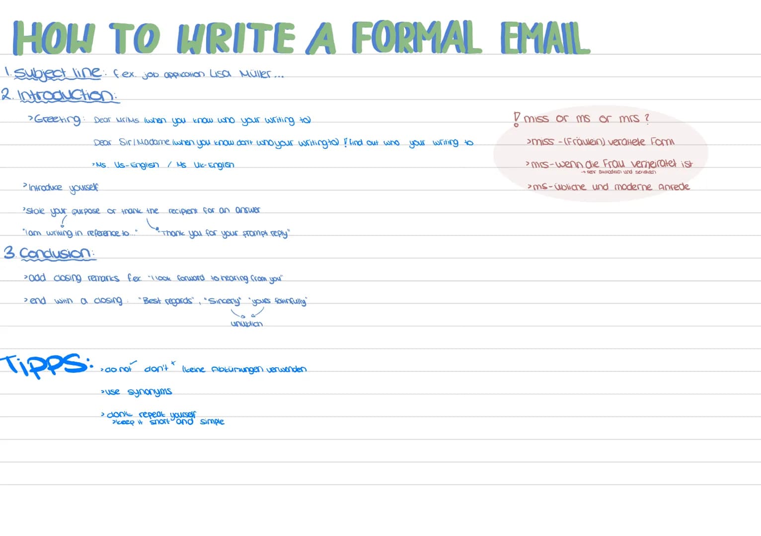 # HOW TO WRITE A FORMAL EMAIL
1. Subject line: fex job application Lisa Müller...
2. Introduction:
- Greeting: Dear Mr/Ms (when you know