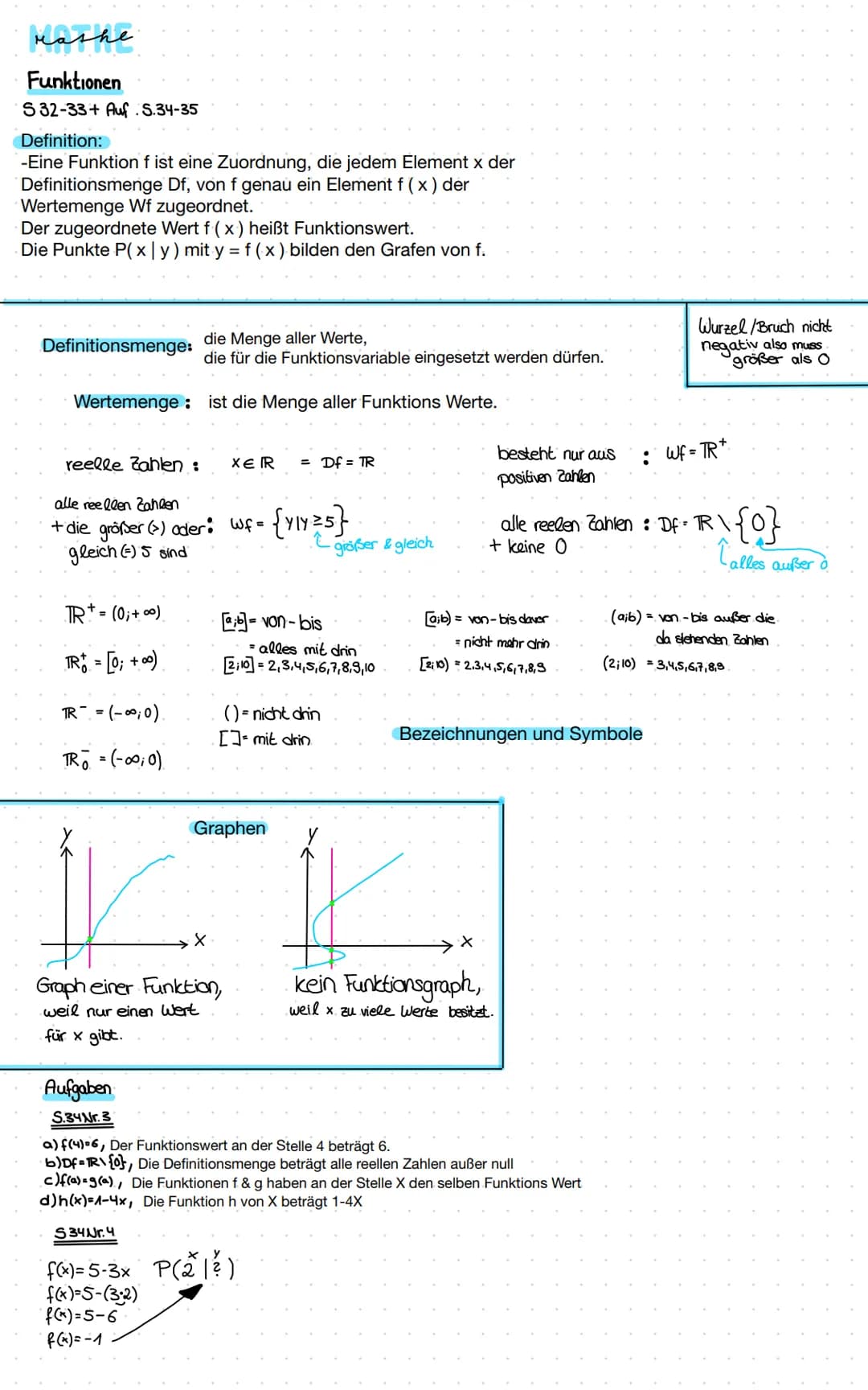 # Mathe
## Funktionen
S32-33+ Auf. S.34-35
### Definition:
- Eine Funktion f ist eine Zuordnung, die jedem Element x der Definitionsmenge