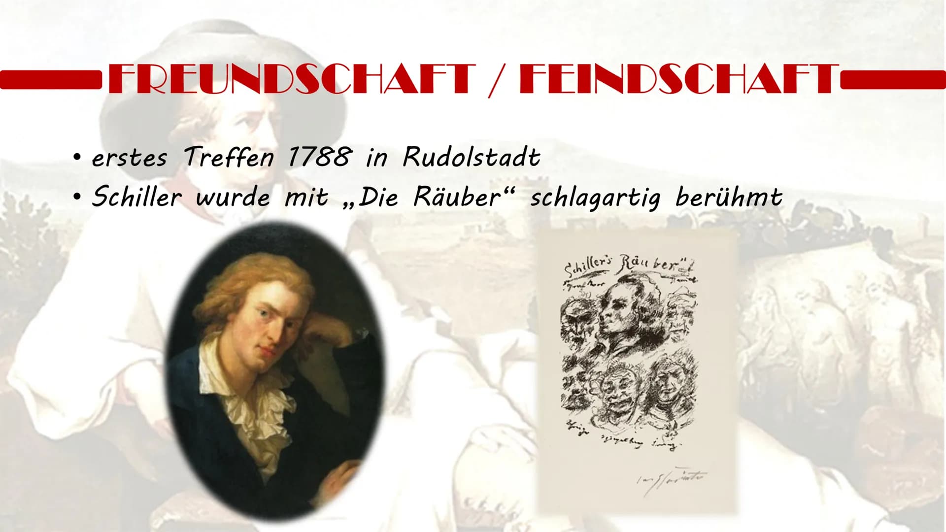 JOHANN WOLFGANG VON GOETHE JOHANN WOLFGANG VON GOETHE
* Leben
* Freundschaft / Feindschaft mit Schiller
* wichtigste Werke
* Wirkung
* Ein