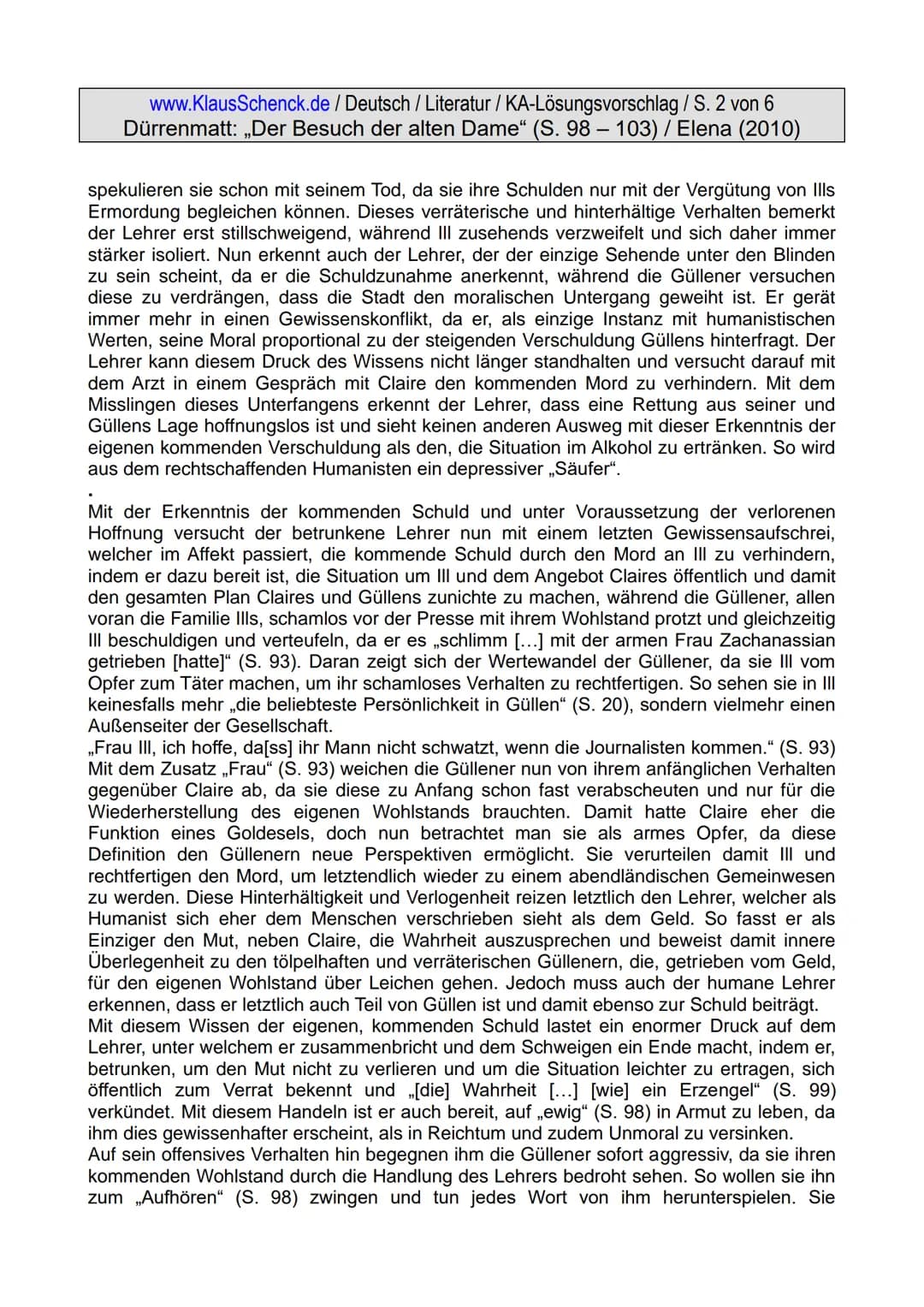 www.KlausSchenck.de / Deutsch / Literatur / KA-Lösungsvorschlag / S. 1 von 6
Dürrenmatt: „Der Besuch der alten Dame" (S. 98-103) / Elena (20