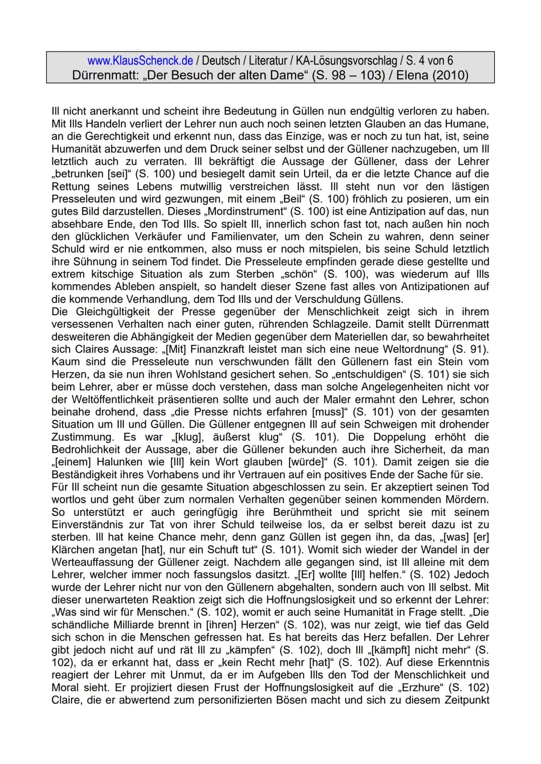 www.KlausSchenck.de / Deutsch / Literatur / KA-Lösungsvorschlag / S. 1 von 6
Dürrenmatt: „Der Besuch der alten Dame" (S. 98-103) / Elena (20