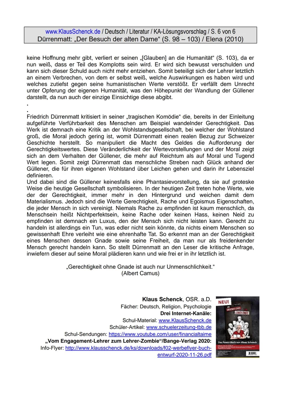 www.KlausSchenck.de / Deutsch / Literatur / KA-Lösungsvorschlag / S. 1 von 6
Dürrenmatt: „Der Besuch der alten Dame" (S. 98-103) / Elena (20