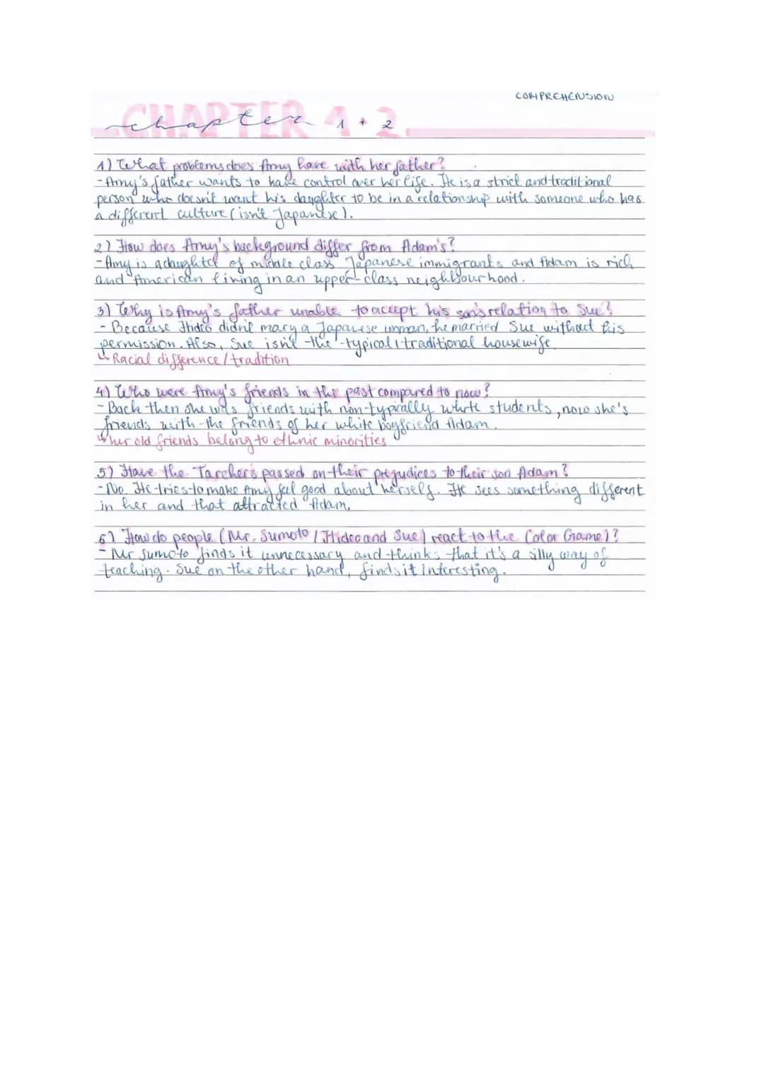 COMPREHENSION
# chapter 1+2
1) What problems does Amy have with her father?
- Amy's father wants to have control over her life. He is a stri