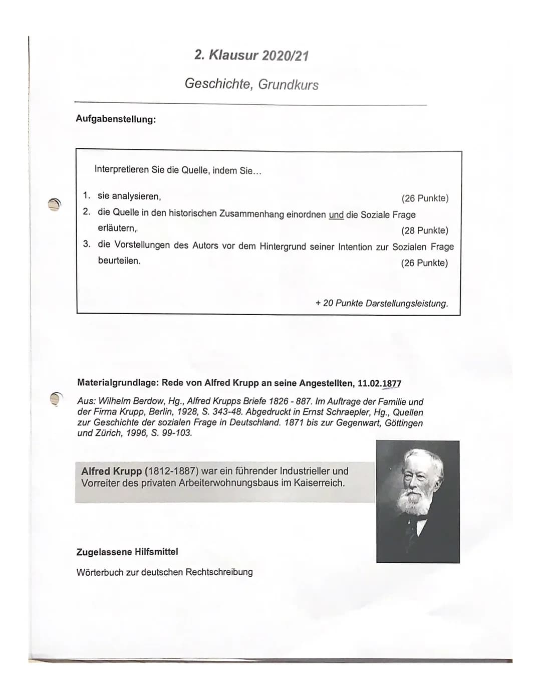 ## 2. Klausur 2020/21
### Geschichte, Grundkurs
### Aufgabenstellung:
Interpretieren Sie die Quelle, indem Sie...
1. sie analysieren, (26