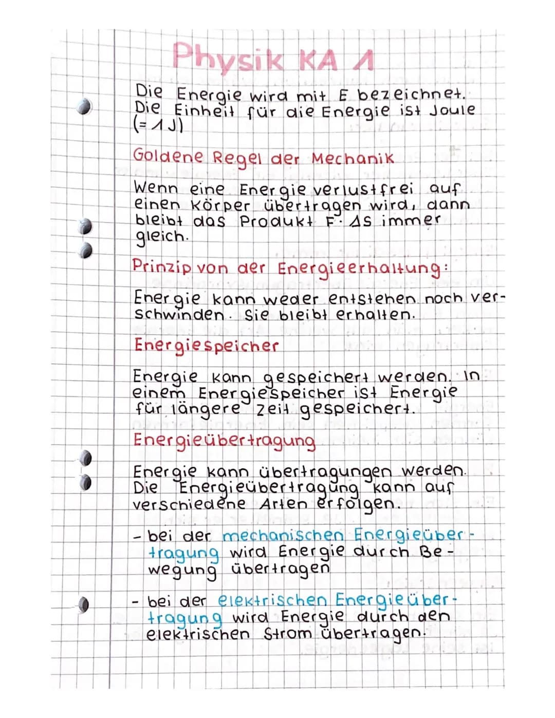 # Physik KA A
Die Energie wird mit E bezeichnet.
Die Einheit für die Energie ist Joule
$(=1J)$
## Goldene Regel der Mechanik
Wenn eine Energ