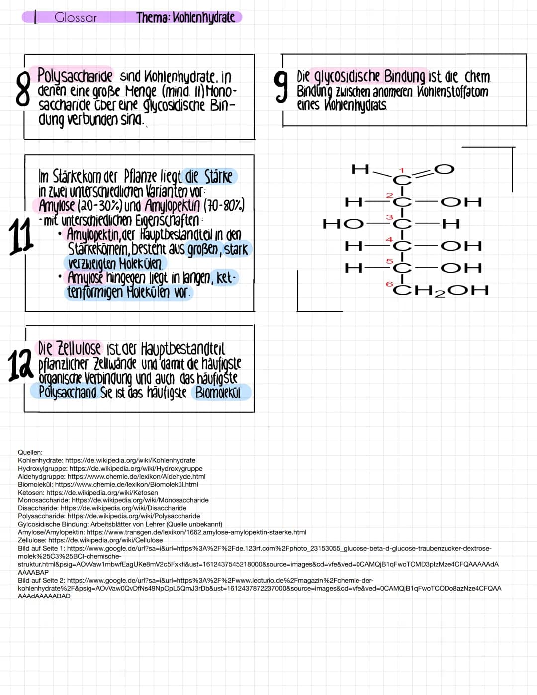# Glossar Thema: Kohlenhydrate
8 Polysaccharide sind Kohlenhydrate. in denen eine große Menge (mind II) Monosaccharide über eine glycosidis
