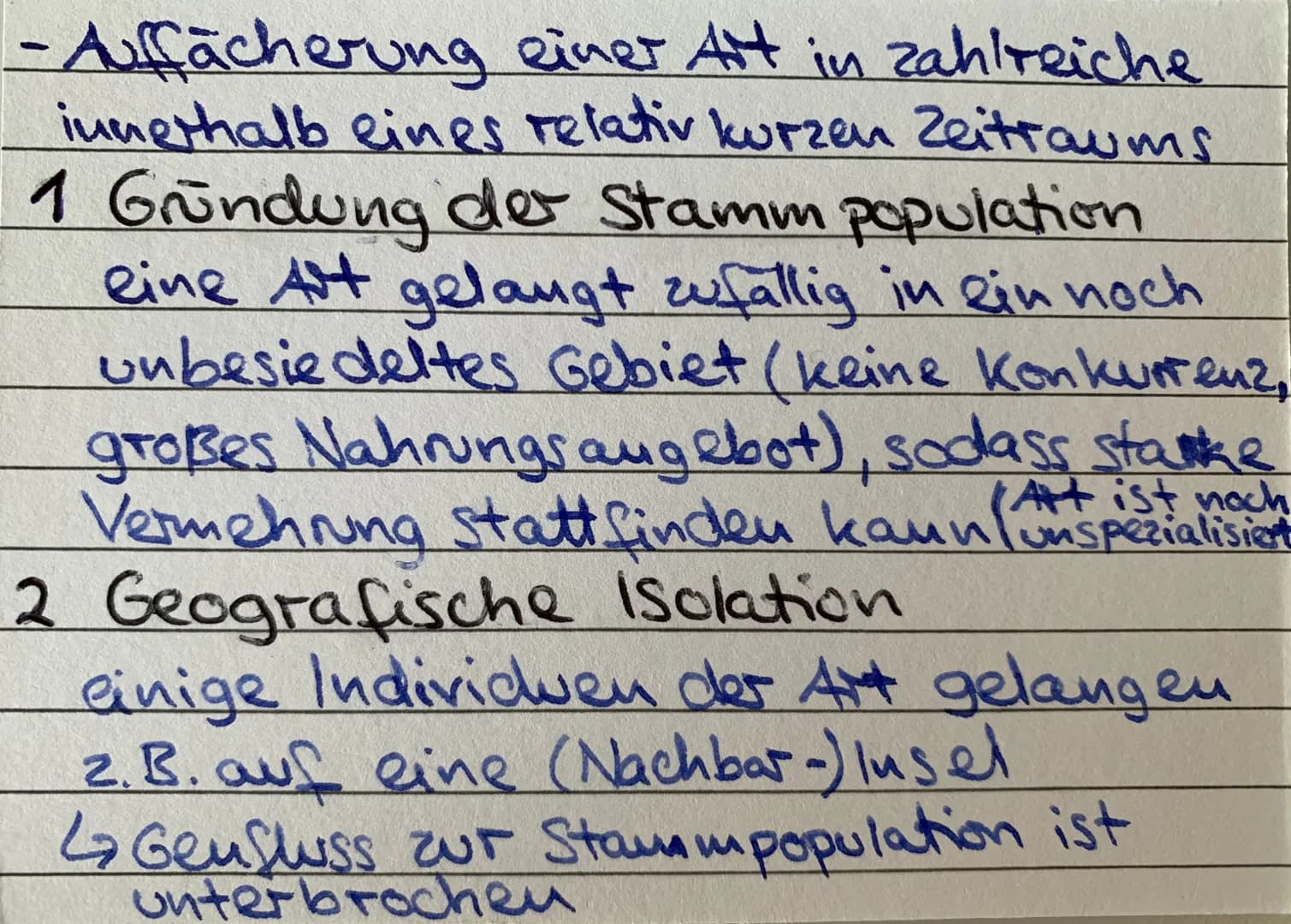 Isolation - Genfluss innerhalb einer Population wird
verhindert
↳ Paaring wird eingeschränkt
- Gebiete mit unterschiedlichen
Evolutionsfakto