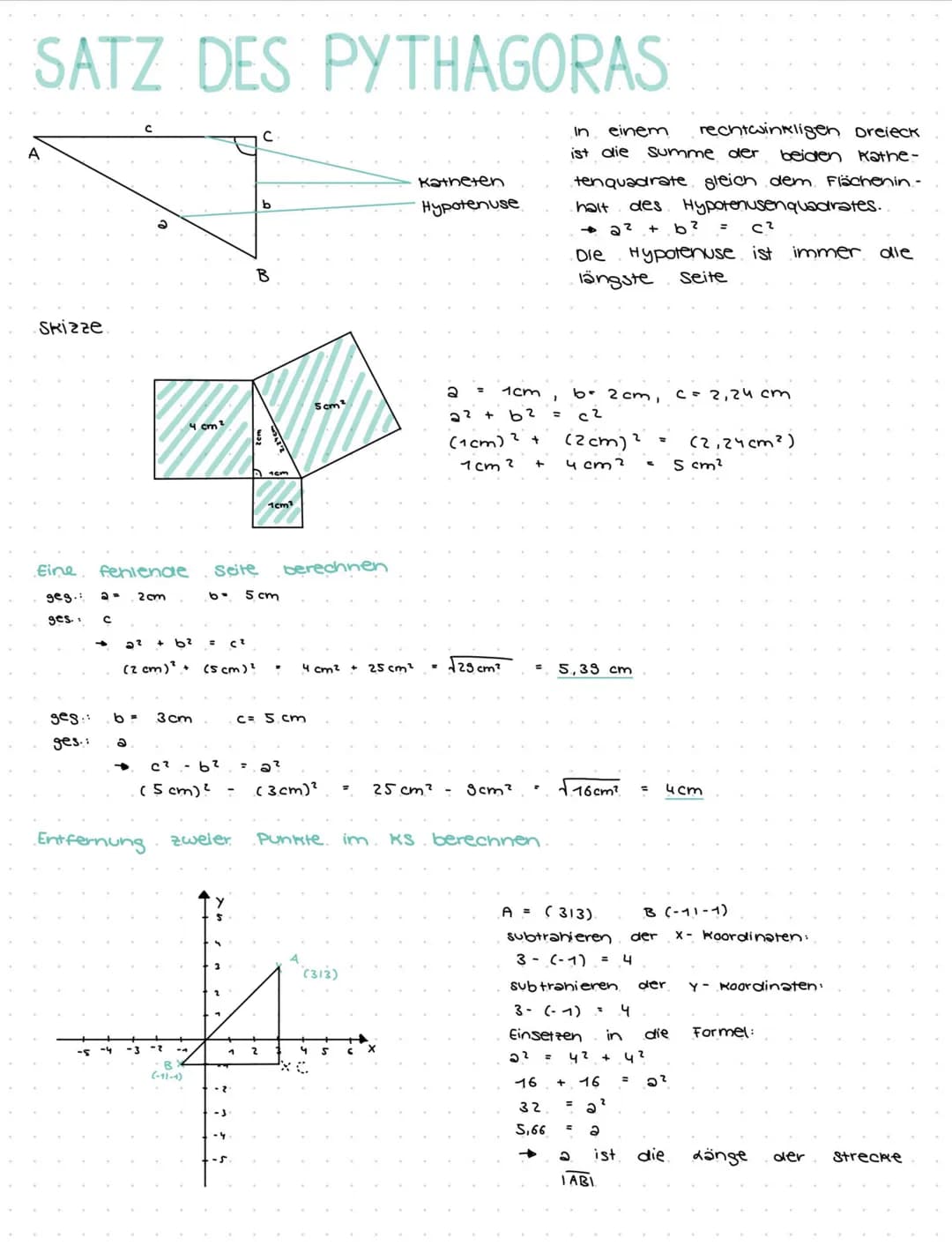 # SATZ DES PYTHAGORAS
In einem rechtwinkligen Dreieck ist die Summe der beiden Kathetenquadrate gleich dem Flächeninhalt des Hypotenusenqua