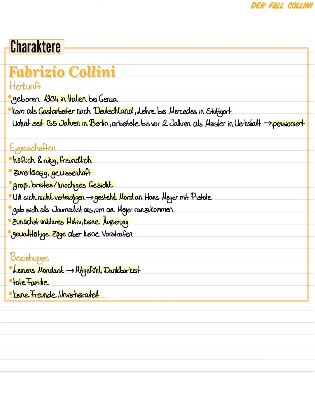DER FALL COLLINI
# Charaktere
## Fabrizio Collini
### Herkunft
- geboren 1934 in Italien bei Genua
- kam als Gastarbeiter nach Deutschland,